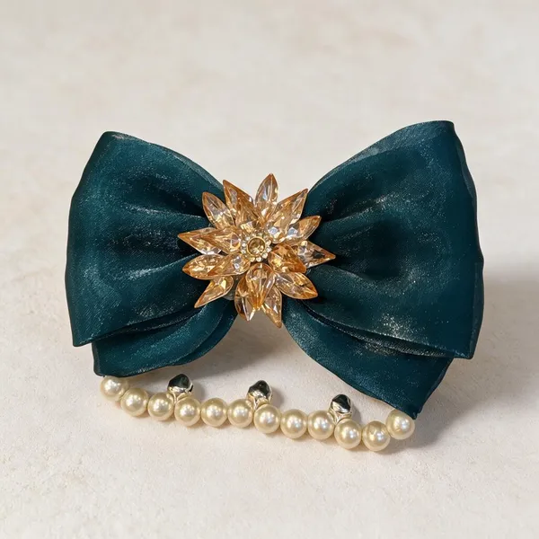 Teal_Blue_Satin_Crystal_Flower_Pearl_Chain_Bow_Hair_Clip_For_Women_Pack_Of_4