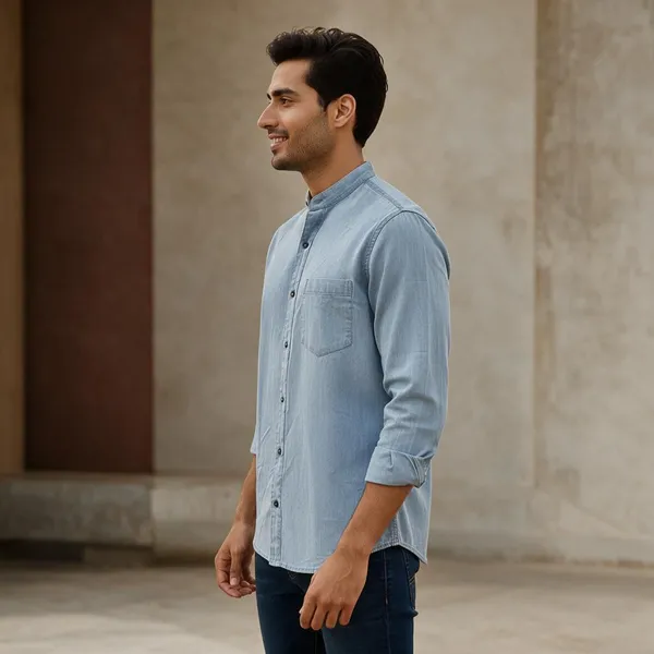 Blue_Chambray_Relaxed_Fit_Band_Collar_Shirt_For_Men