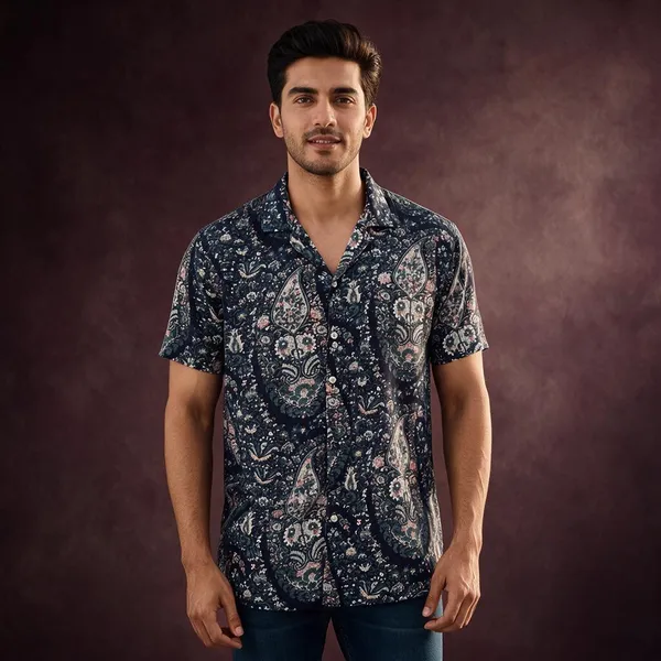 Black_Paisley_Print_Cuban_Collar_Shirt_For_Men