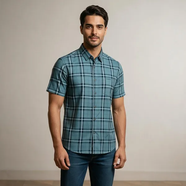 Blue_Breathable_Modern_Fit_Geo-Plaid_Shirt_For_Men