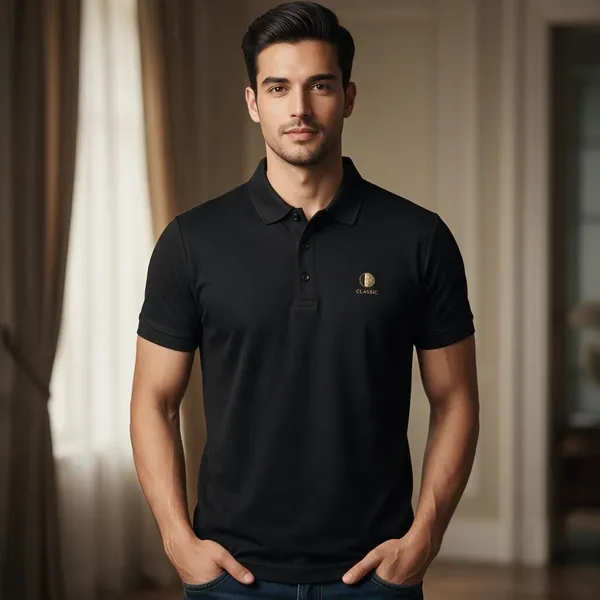 Black_Pique_Knit_Regular_Fit_Polo_T-Shirt_For_Men