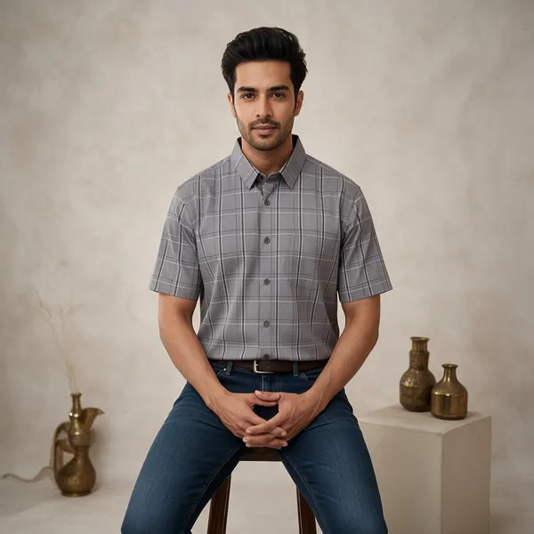 Grey_Breathable_Modern_Fit_Geo-Plaid_Shirt_For_Men