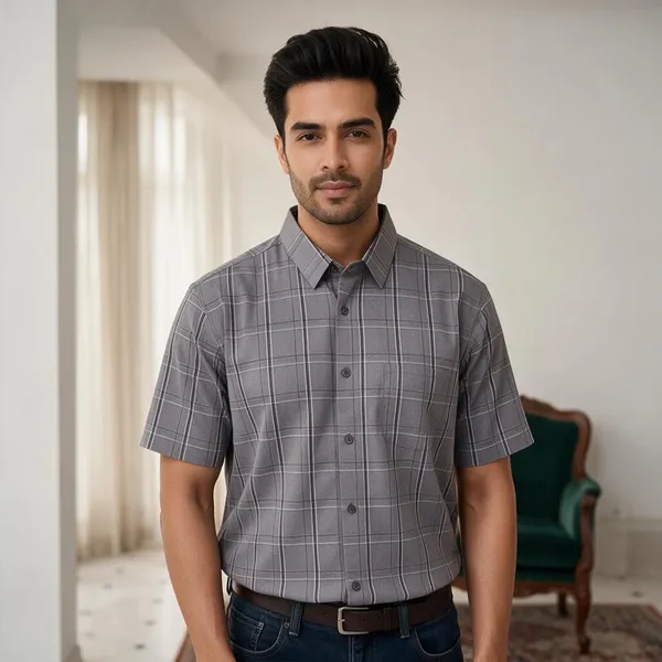 Grey_Breathable_Modern_Fit_Geo-Plaid_Shirt_For_Men