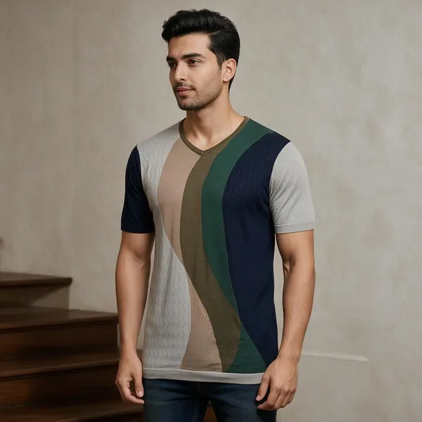 Grey_Wavy_Knit_Color-Block_V-Neck_T-Shirt_For_Men