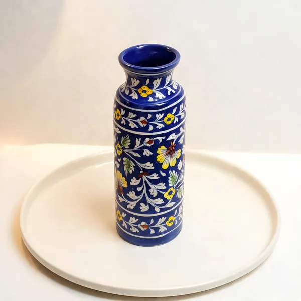 Blue_Pottery_Ceramic_Traditional_White_Foliage_Floral_Print_Decorative_Vase