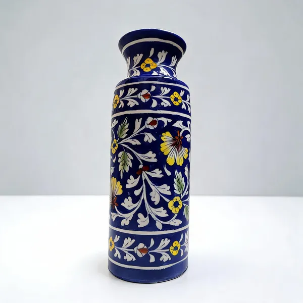 Blue_Pottery_Ceramic_Traditional_White_Foliage_Floral_Print_Decorative_Vase
