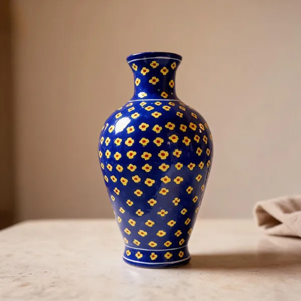 Blue_Pottery_Ceramic_Traditional_Yellow_Floral_Print_Decorative_Vase