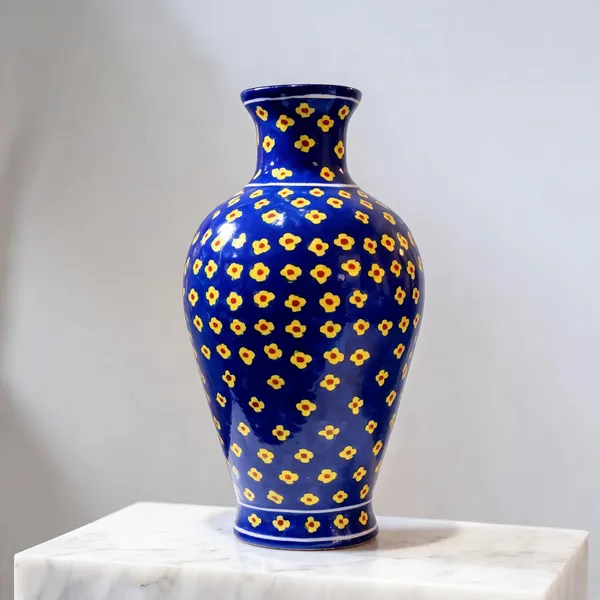 Blue_Pottery_Ceramic_Traditional_Yellow_Floral_Print_Decorative_Vase