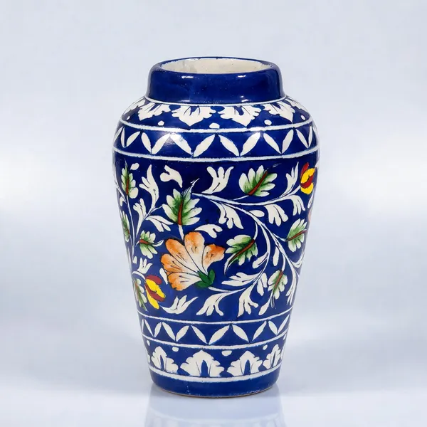 Blue_Pottery_Ceramic_Traditional_White_Vine_Orange_Floral_Decorative_Vase