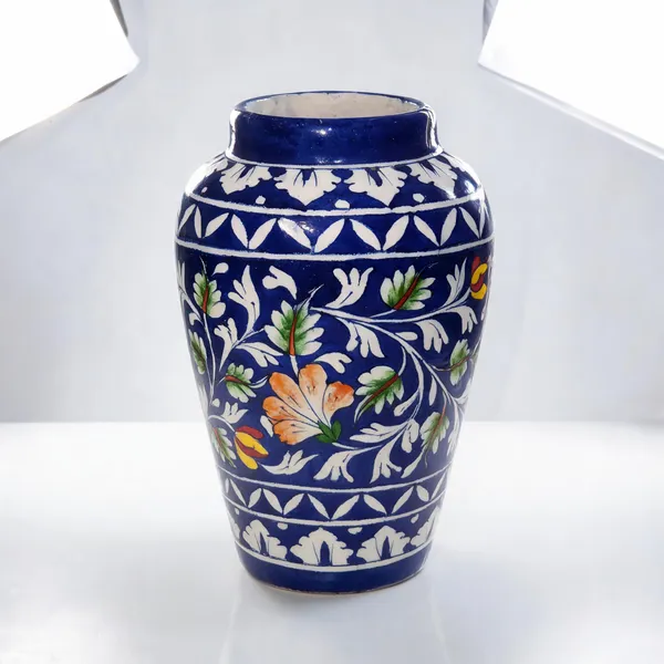 Blue_Pottery_Ceramic_Traditional_White_Vine_Orange_Floral_Decorative_Vase