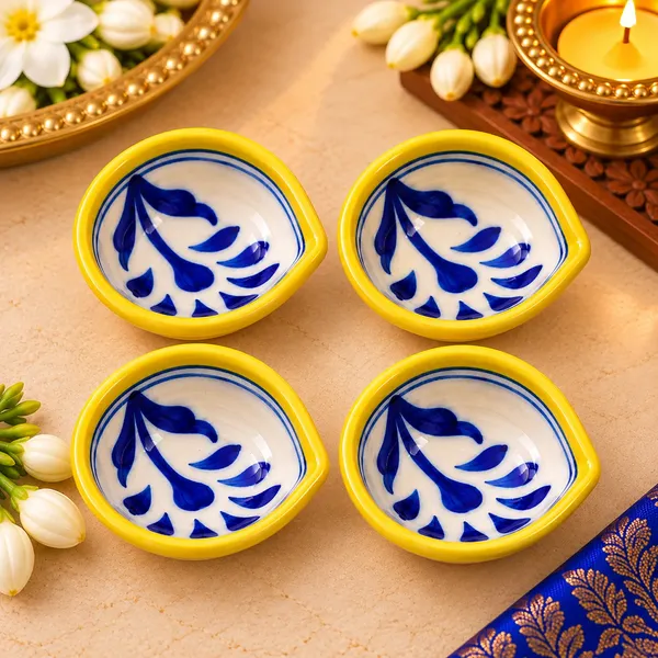 Pottery__Floral_Pattern_Diya_Set_Of_4