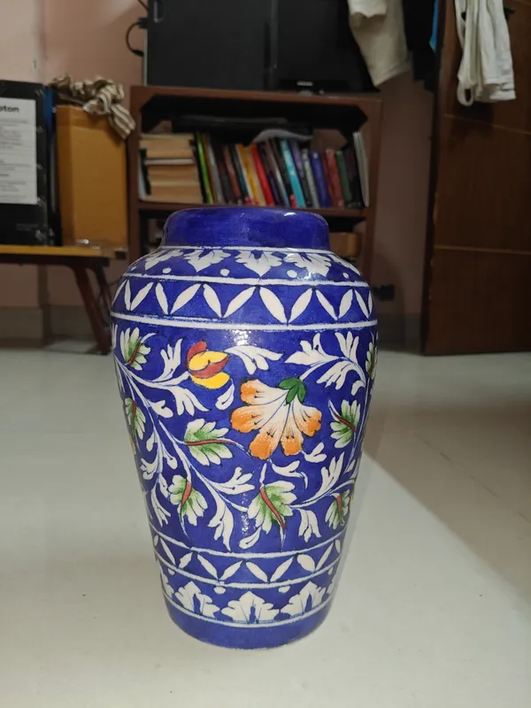 Blue_Pottery_Ceramic_Traditional_White_Vine_Orange_Floral_Decorative_Vase
