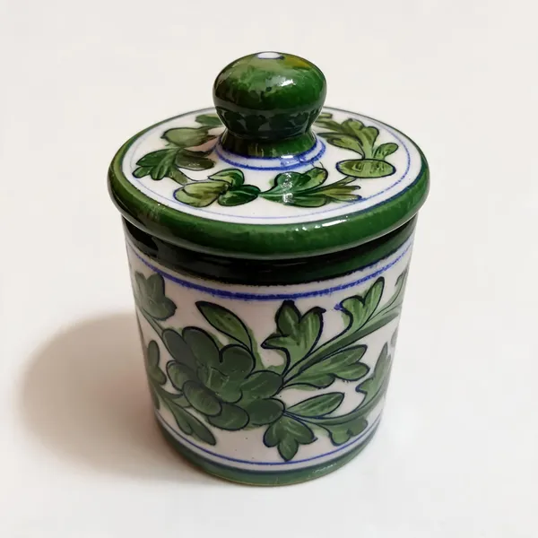 Blue_Pottery_Ceramic_Handpainted_Green_Floral_Pattern_Storage_Jar