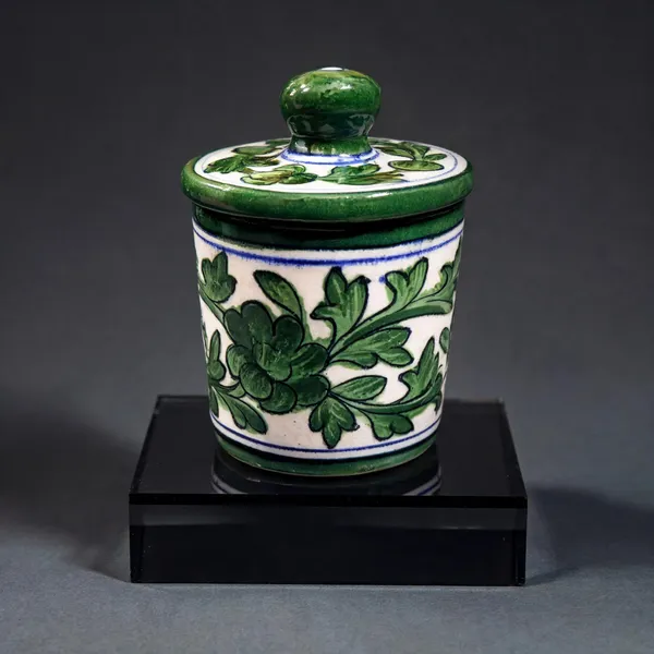 Blue_Pottery_Ceramic_Handpainted_Green_Floral_Pattern_Storage_Jar