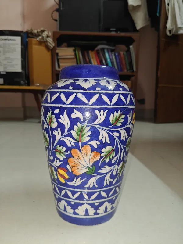 Blue_Pottery_Ceramic_Traditional_White_Vine_Orange_Floral_Decorative_Vase