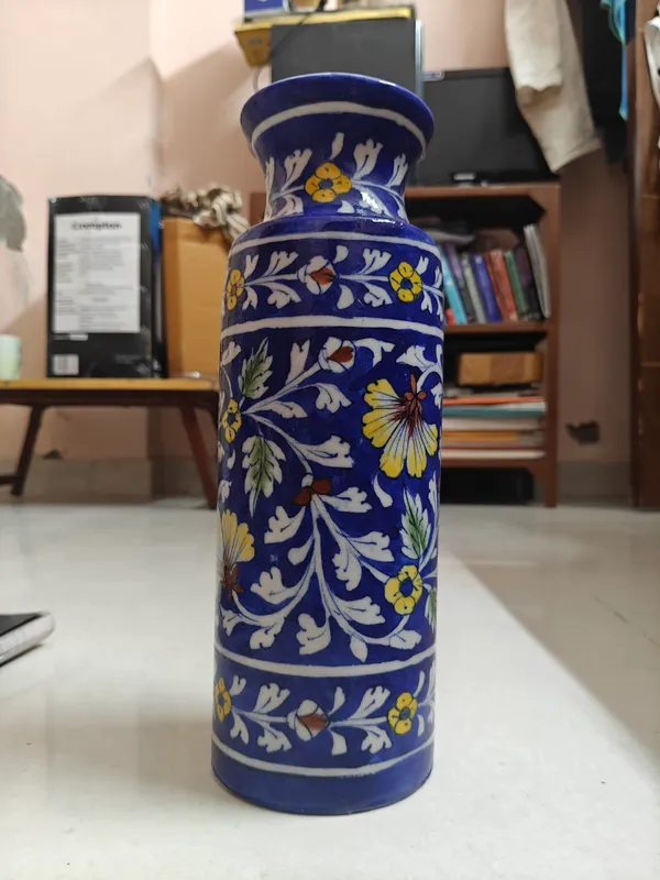 Blue_Pottery_Ceramic_Traditional_White_Foliage_Floral_Print_Decorative_Vase