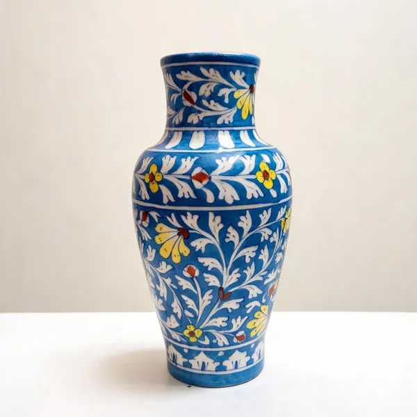 Blue_Pottery_Ceramic_Traditional_Floral_Foliage_Pattern_Decorative_Vase
