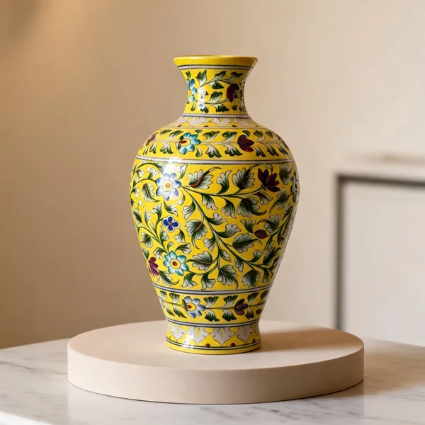 Blue_Pottery_Ceramic_Traditional_Yellow_Floral_Motif_Decorative_Vase