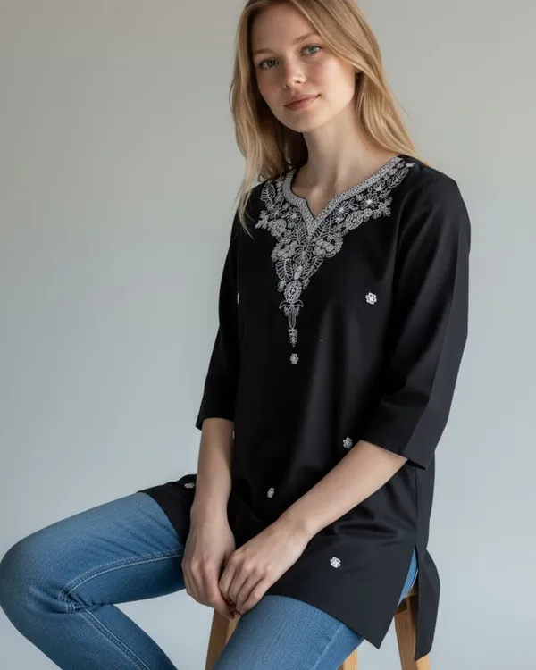 Black_Rayon_Straight_Embroidered_Short_Kurti_For_Women
