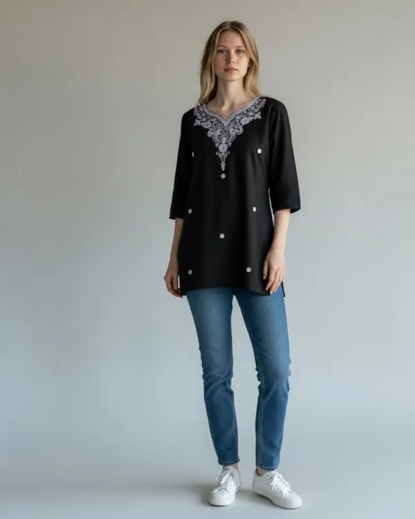 Black_Rayon_Straight_Embroidered_Short_Kurti_For_Women