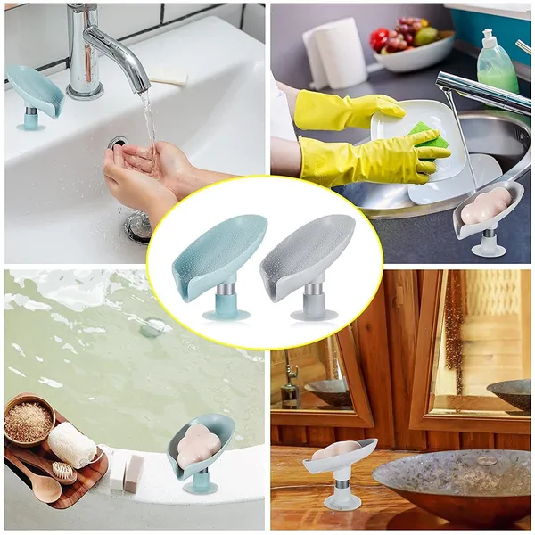 Qrex_Pack_Of_2_Soap_Holder_Leaf_Shape_self_draining_soap_Holder_Soap_Saver,Leafology_Decorative_Drainage_Plastic_Soap_Dish_with_Suction_Cup_Creative_soap_Box_Perforation-Free_for_Shower,_Bathroom,_Kitchen,_Bath_Tub_(Multi_colour)_(Multicolor)