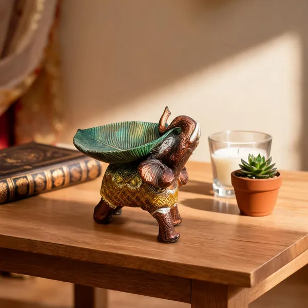 Resin_Brown_Lucky_Elephant_Idol_With_Green_Leaf_Urli_Showpiece