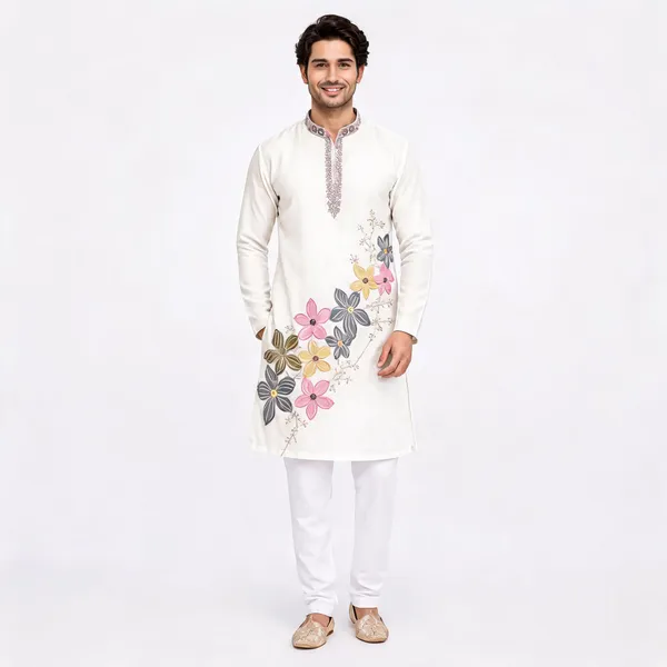 White_Tissue_Fabric_Embroidered_Straight_Kurta_Pajama_Set_For_Men