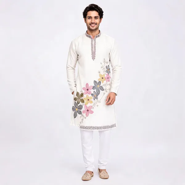 White_Tissue_Fabric_Embroidered_Straight_Kurta_Pajama_Set_For_Men