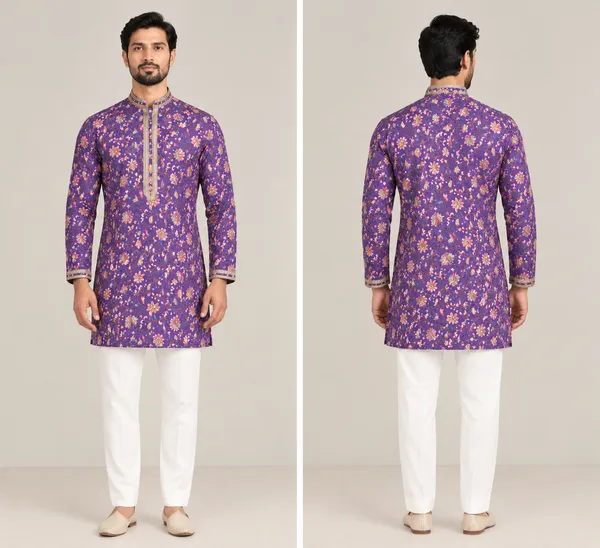 Purple_Semi-Silk_Floral_Print_Regular_Fit_Kurta_For_Men