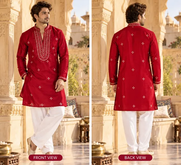 Red_Glass_Fabric_Embroidered_Kurta_Pajama_Set_For_Men