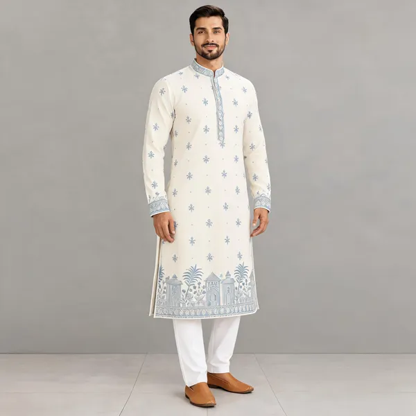 Cream_Semi-Silk_Printed_Kurta_Pajama_Set_For_Men