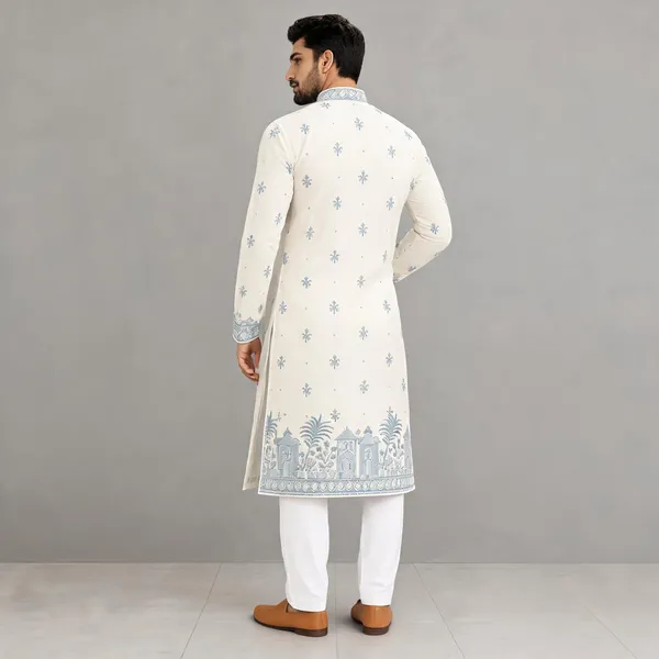 Cream_Semi-Silk_Printed_Kurta_Pajama_Set_For_Men