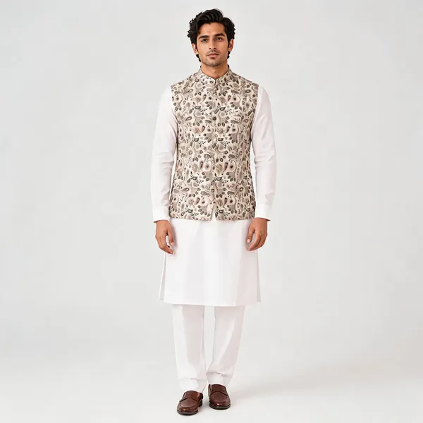 White_Jacquard_Semi-Silk_Floral_Printed_Kurta_Pajama_Waistcoat_For_Men