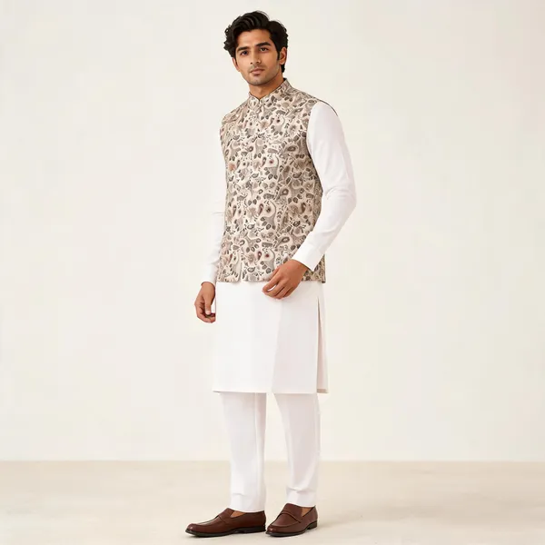 White_Jacquard_Semi-Silk_Floral_Printed_Kurta_Pajama_Waistcoat_For_Men