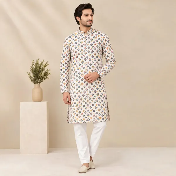 Off_White_Cotton_Straight_Printed_Kurta_Set_For_Men