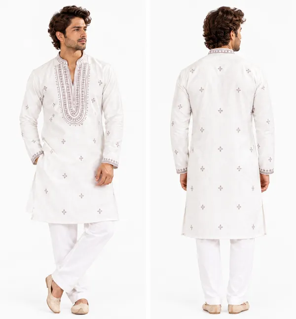 White_Glass_Fabric_Embroidered_Straight_Fit_Kurta_Pajama_Set_For_Men