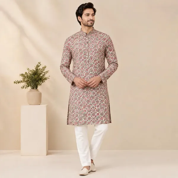 Beige_Cotton_Floral_Print_Straight_Kurta_For_Men