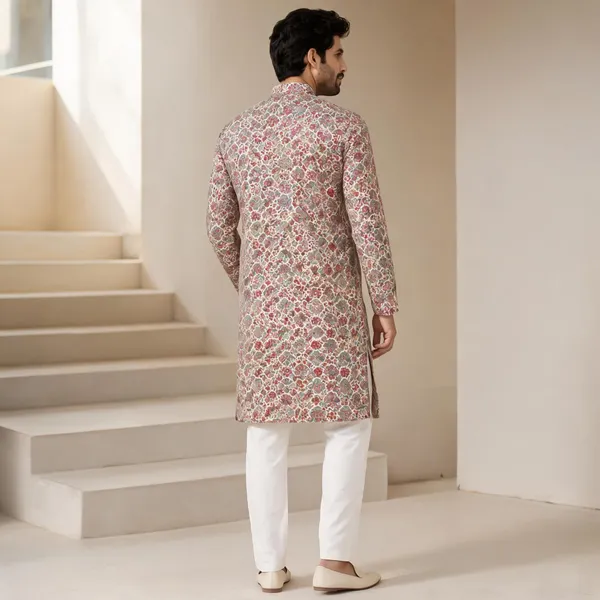 Beige_Cotton_Floral_Print_Straight_Kurta_For_Men