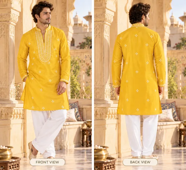 Yellow_Glass_Fabric_Embroidered_Straight_Kurta_Set_For_Men