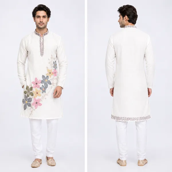 White_Tissue_Fabric_Embroidered_Straight_Kurta_Pajama_Set_For_Men