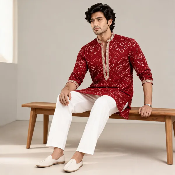 Red_Cotton_Straight_Printed_Kurta_For_Men