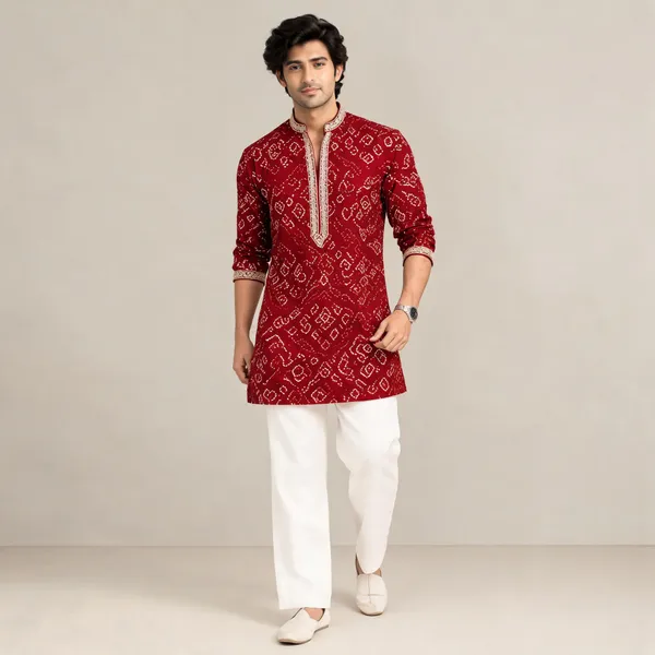 Red_Cotton_Straight_Printed_Kurta_For_Men