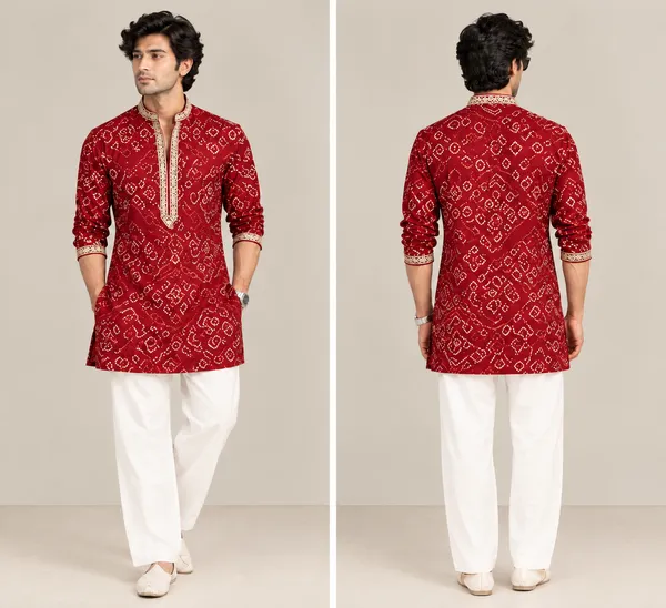 Red_Cotton_Straight_Printed_Kurta_For_Men