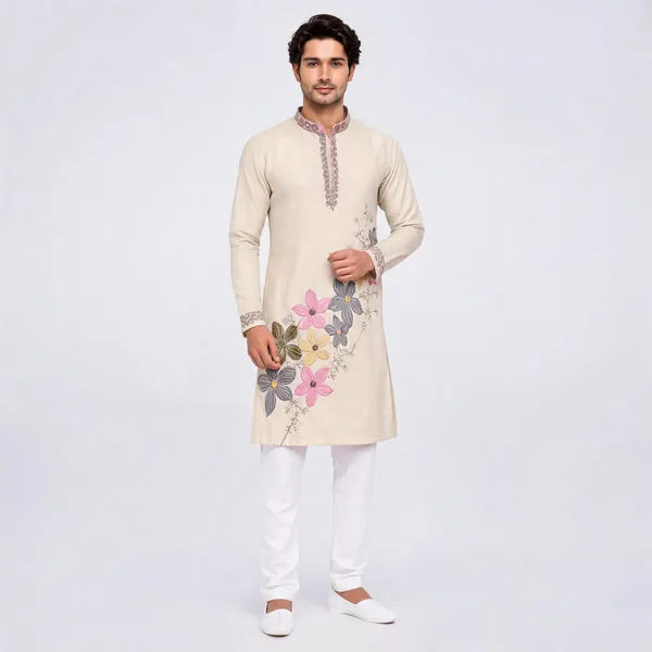 Cream_Tissue_Fabric_Embroidered_Kurta_Set_For_Men