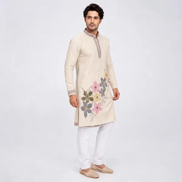 Cream_Tissue_Fabric_Embroidered_Kurta_Set_For_Men