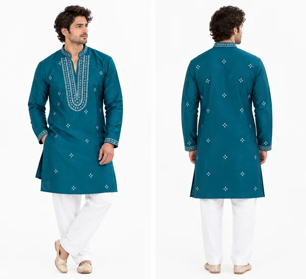 Teal_Glass_Tissue_Straight_Fit_Kurta_For_Men