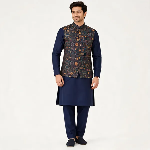 Navy_Jacquard_Semi-Silk_Nehru_Jacket_Kurta_Set_For_Men