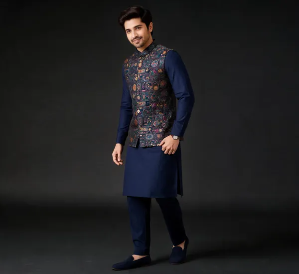 Navy_Jacquard_Semi-Silk_Nehru_Jacket_Kurta_Set_For_Men