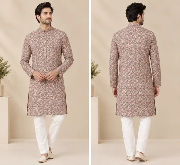 Beige_Cotton_Floral_Print_Straight_Kurta_For_Men