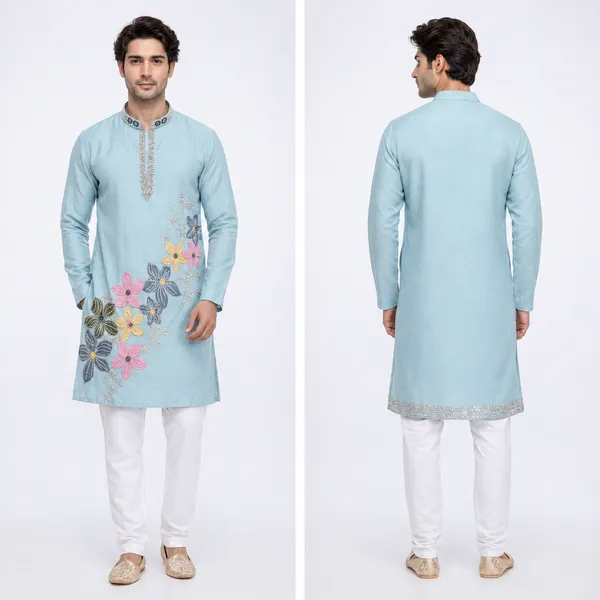 Light_Blue_Tissue_Fabric_Embroidered_Straight_Kurta_For_Men
